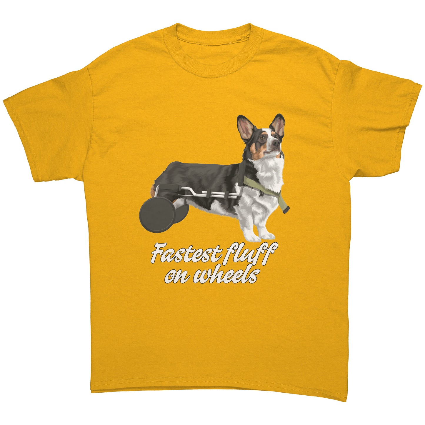 A flat lay of a dark yellow t shirt. The design on the shirt is a tricolor corgi in a dog wheel chair. Under the dog is black-outlined white text that says "Fastest fluff on wheels". 