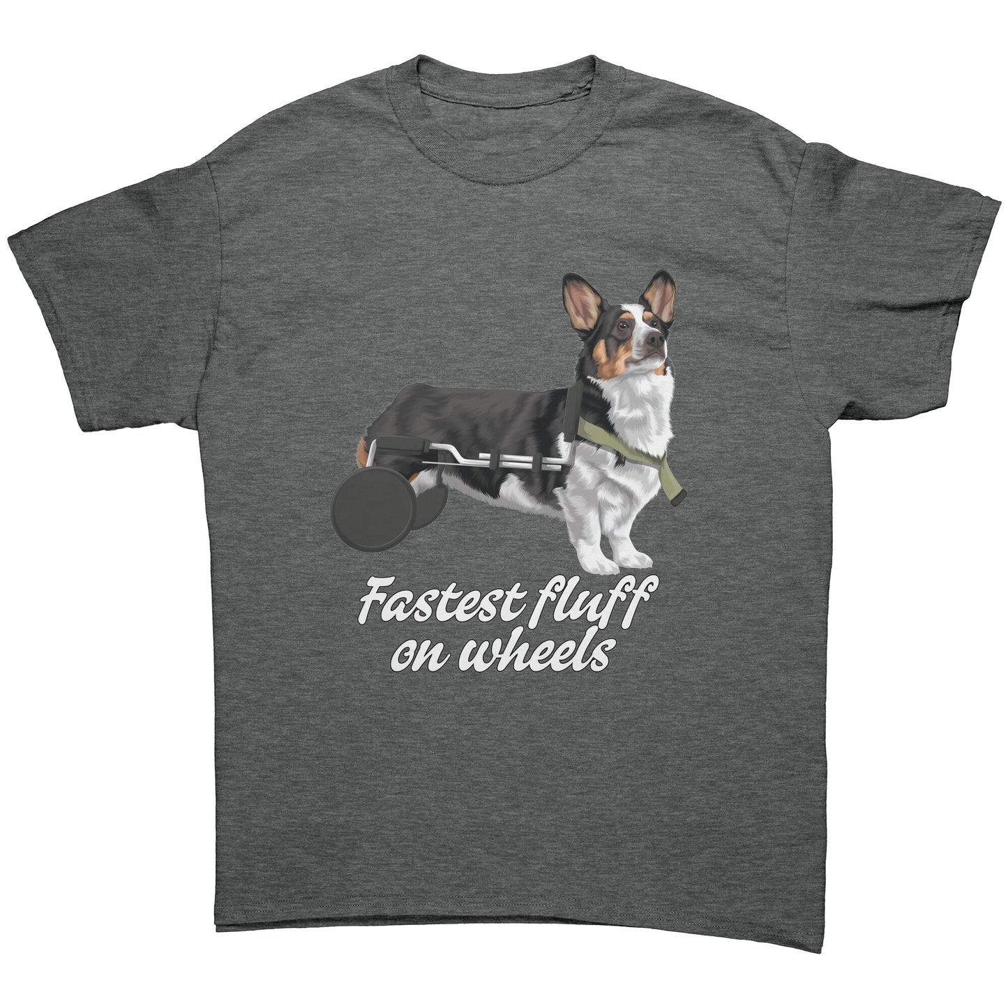 A flat lay of a dark heather grey colored t shirt. The design on the shirt is a tricolor corgi in a dog wheel chair. Under the dog is black-outlined white text that says "Fastest fluff on wheels". 