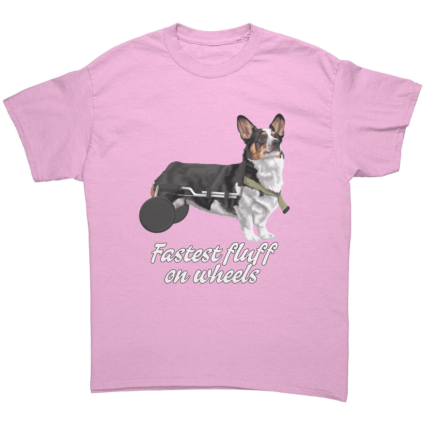 A flat lay of a light pink t shirt. The design on the shirt is a tricolor corgi in a dog wheel chair. Under the dog is black-outlined white text that says "Fastest fluff on wheels". 