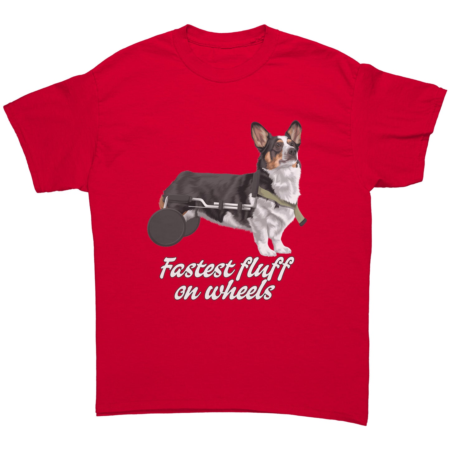 A flat lay of a red t shirt. The design on the shirt is a tricolor corgi in a dog wheel chair. Under the dog is black-outlined white text that says "Fastest fluff on wheels". 