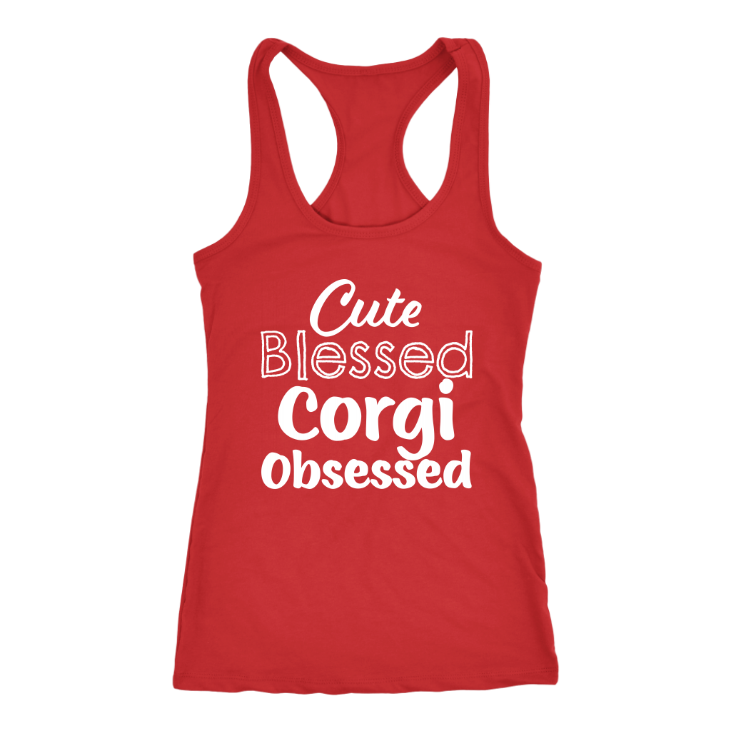 A racerback tank top with the text "Cute Blessed Corgi Obsessed". The tank top is red.