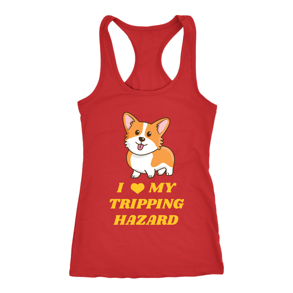 A racerback tank top with the text "I love my tripping hazard" with a picture of a corgi. The tank top is red.