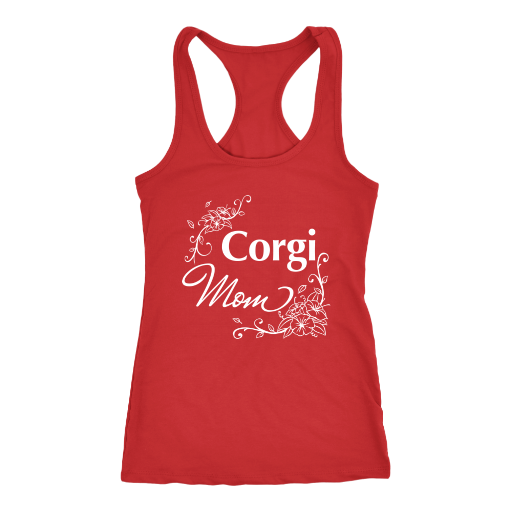 A racerback tank top with the text "Corgi Mom" in flowery text. The tank top is red.