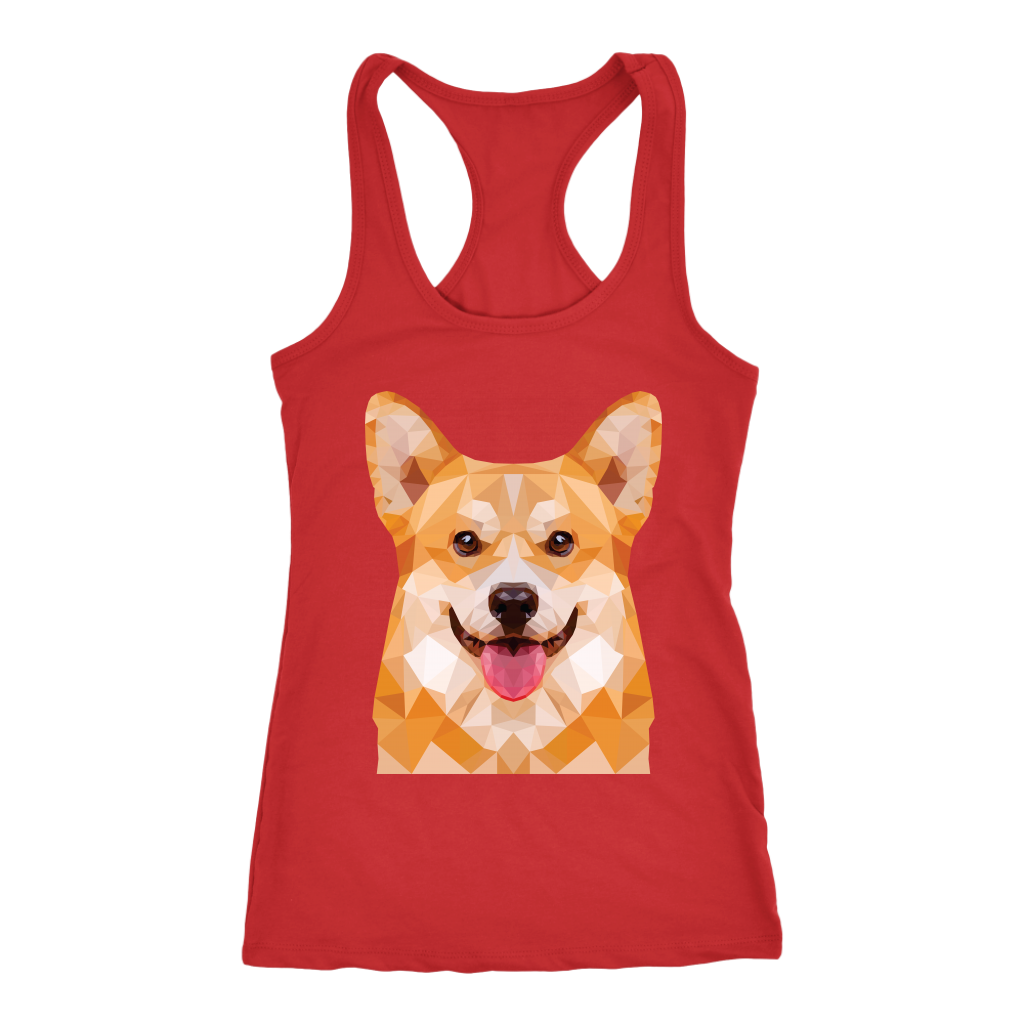 A racerback tank top with a fawn corgi made of polygonal art. The tank is red.