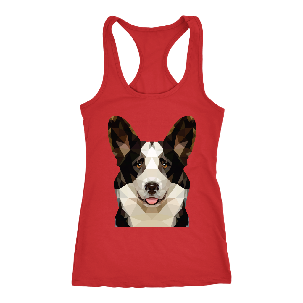 A racerback tank top with a cardigan corgi made of polygonal art. The tank is red.