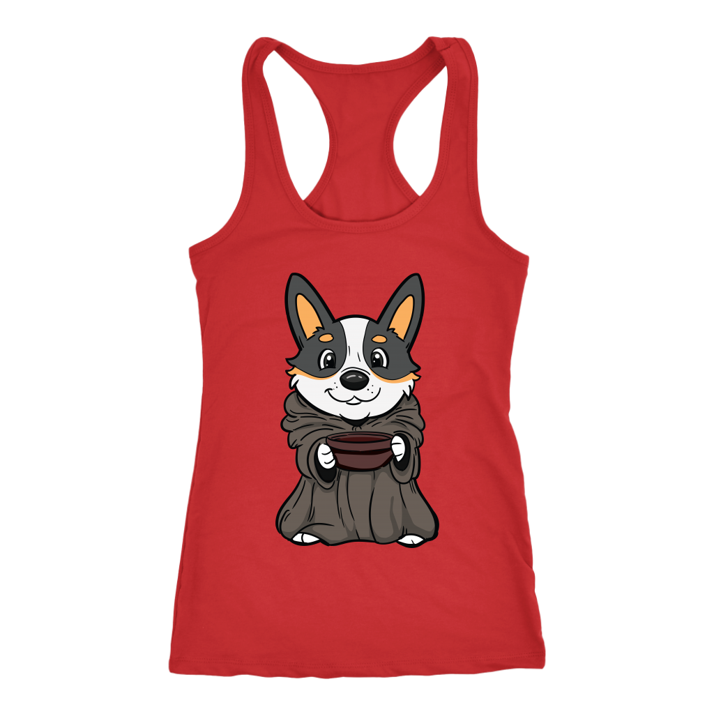 A racerback tank top with a picture of a corgi dressed as baby yoda. The tank is red. 