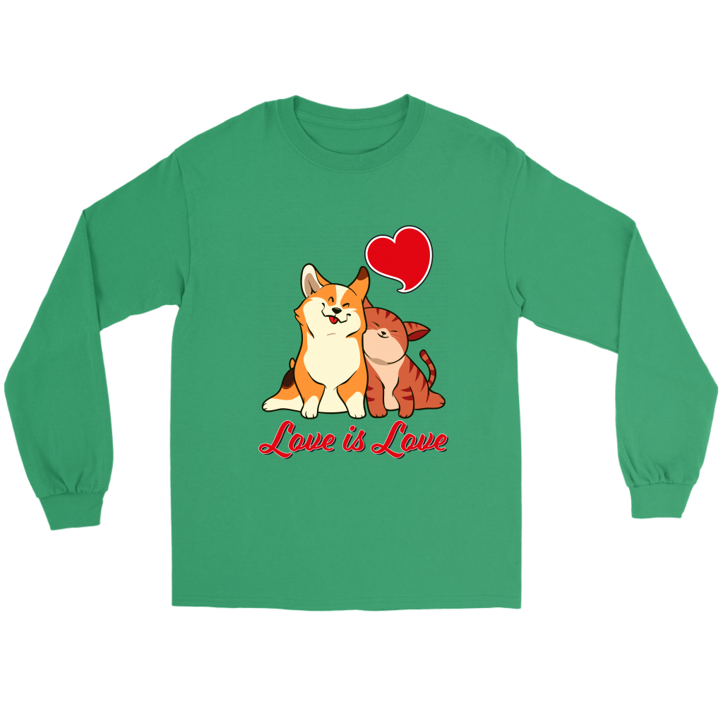 A flat lay of a green long sleeved t shirt. The design of the shirt is a tricolor corgi snuggling a cat with red text underneath them that says "Love is love" with another red heart above their heads. 