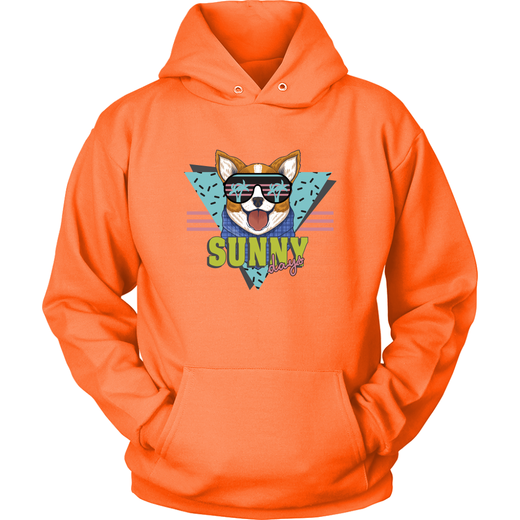 A flat lay of a hoodie with the text "Sunny Days" and a corgi in sunglasses. The hoodie is orange colored.