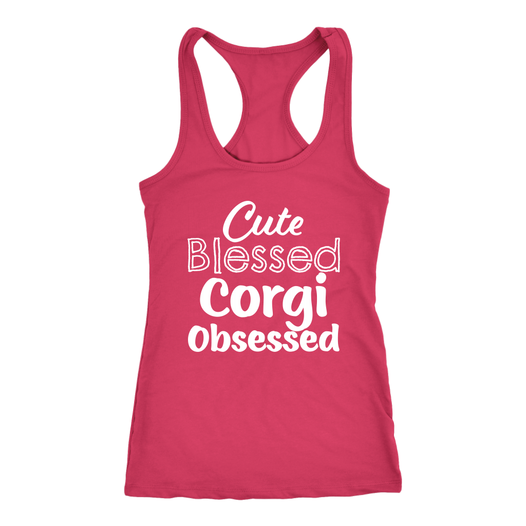 A racerback tank top with the text "Cute Blessed Corgi Obsessed". The tank top is raspberry-pink-colored.