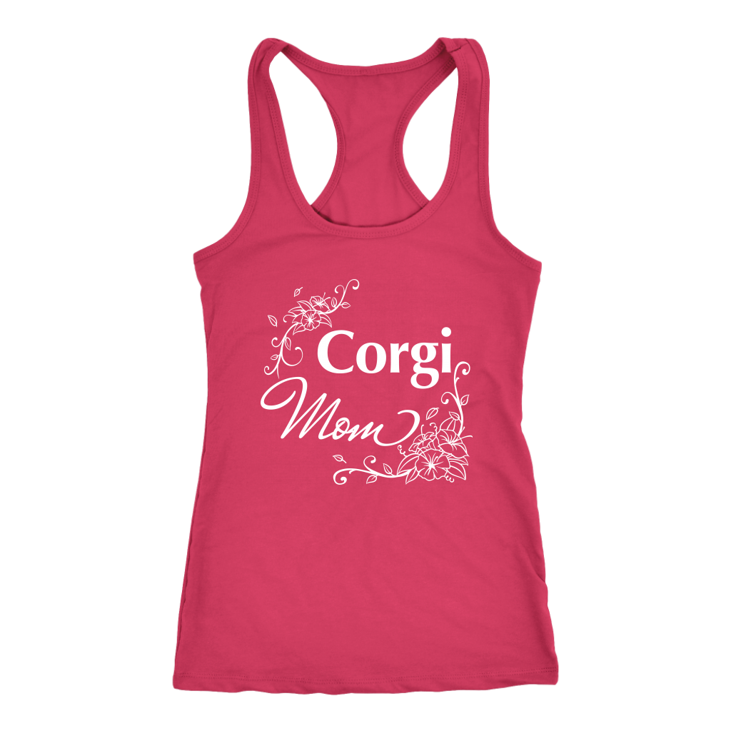 A racerback tank top with the text "Corgi Mom" in flowery text. The tank top is raspberry-pink.