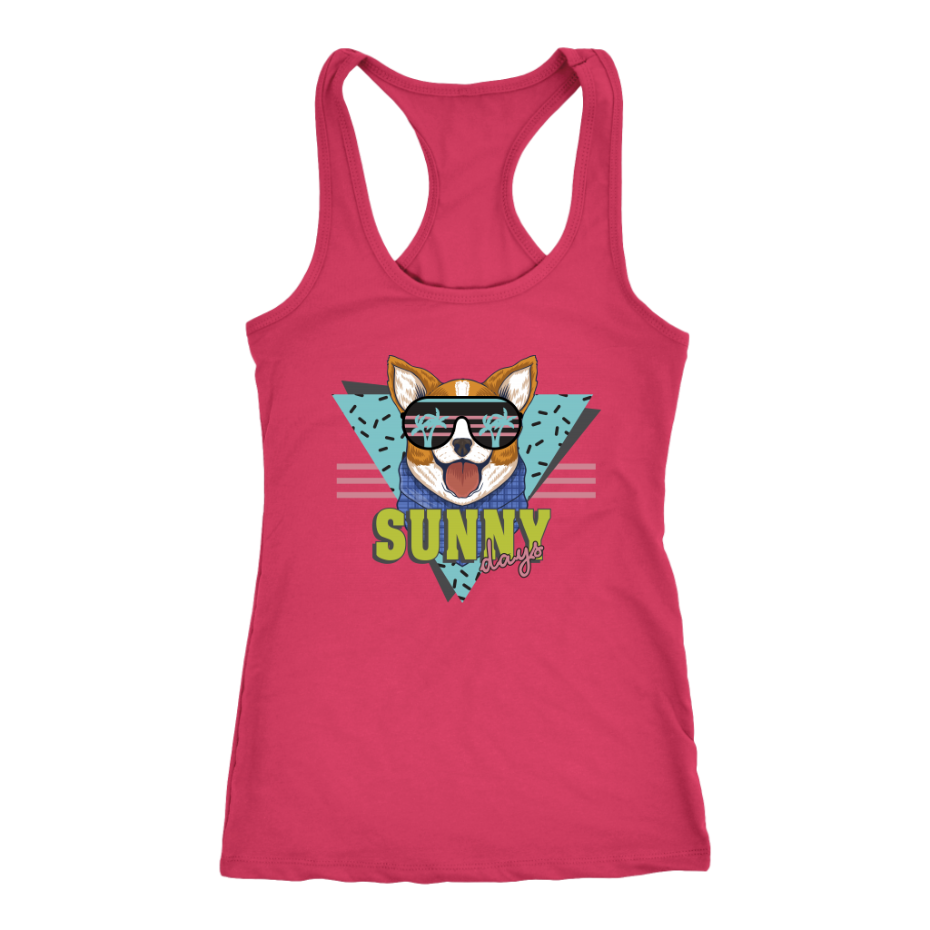 A racerback tank top with the text "Sunny Days" with a corgi's face above to the text. The tank top is red.