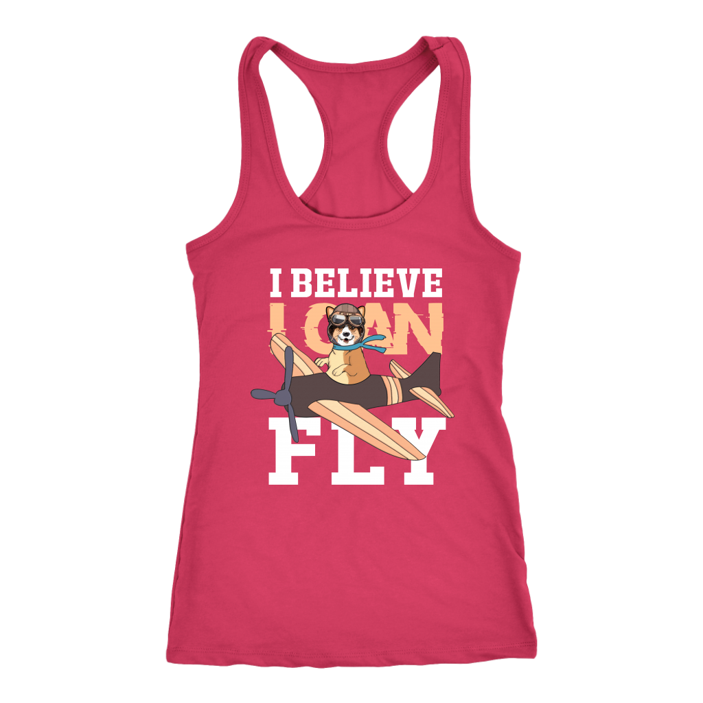 A racerback tank top with the text "I believe I can fly" with a picture of a corgi in a biplane. The tank top is raspberry-pink.