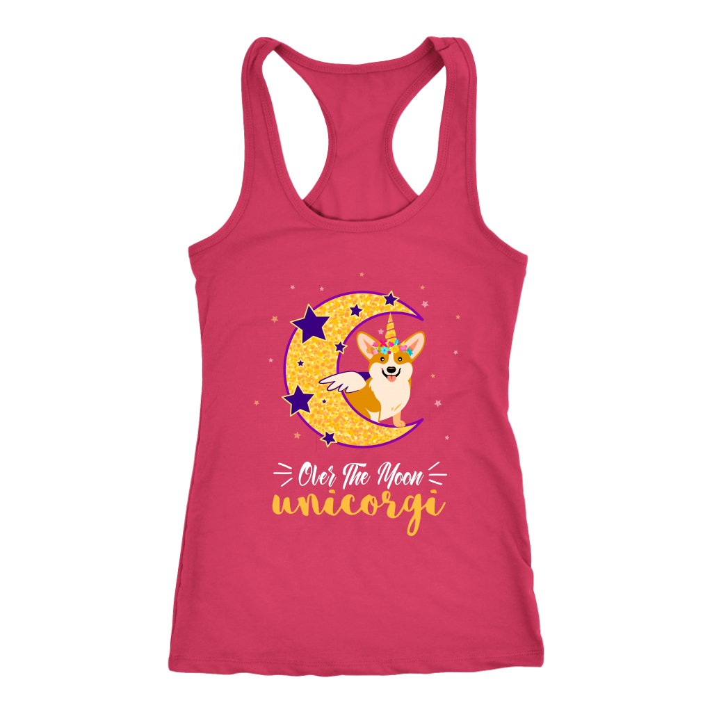 A tank top with a corgi dressed up as a unicorn with wings, sitting on the moon. The text says "over the moon Unicorgi". The tank top is reddish pink.