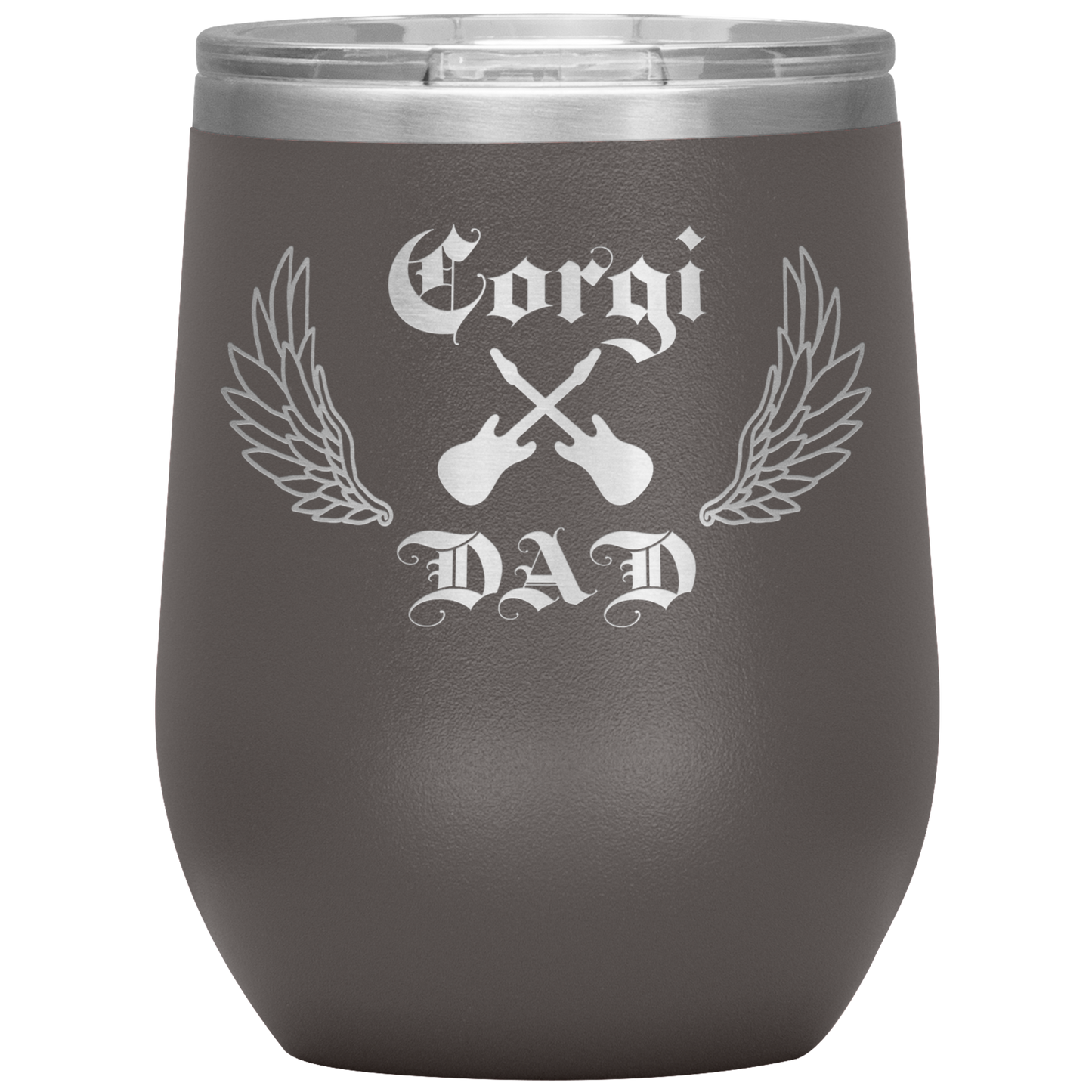 An insulated tumbler with the text "Corgi Dad" in a gothic style font with guitars and wings. The tumbler is pewter colored.