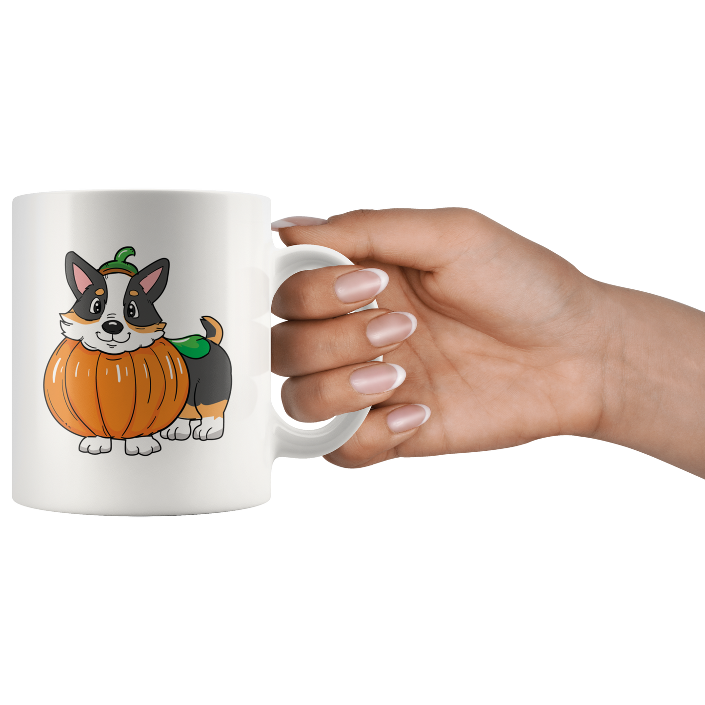 A hand holding our white, 11oz mug. The design on the mug is a tricolor corgi wearing a pumpkin costume.