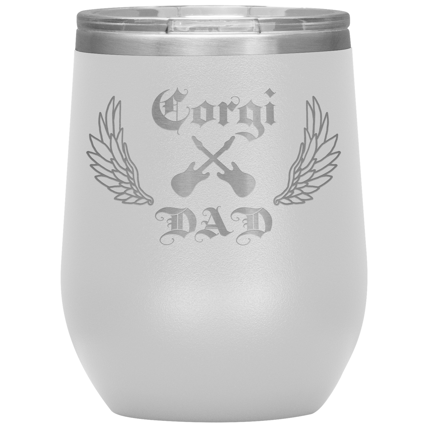 An insulated tumbler with the text "Corgi Dad" in a gothic style font with guitars and wings. The tumbler is white.