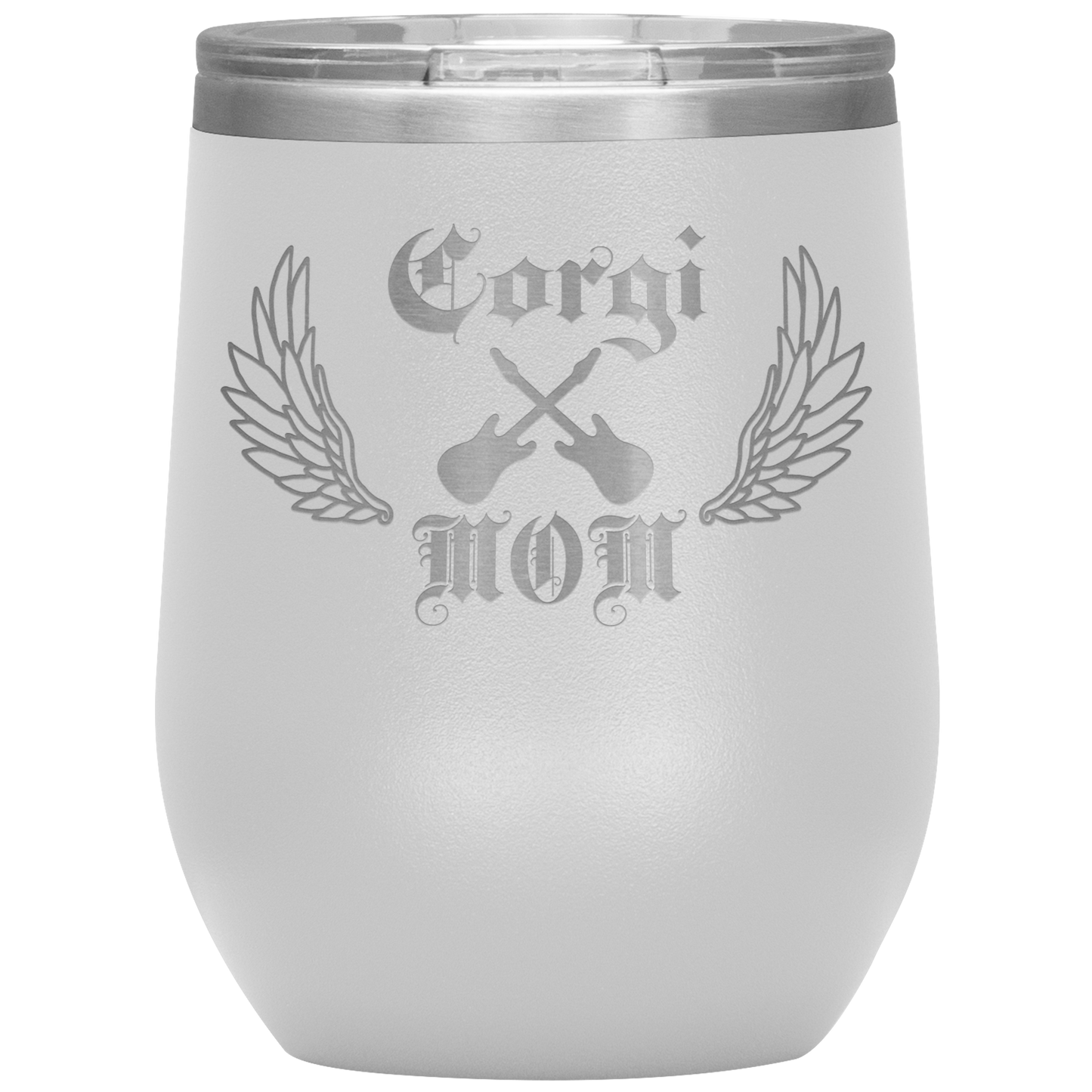 An insulated tumbler with the text "Corgi Mom" in a gothic style font with guitars and wings. The tumbler is white.