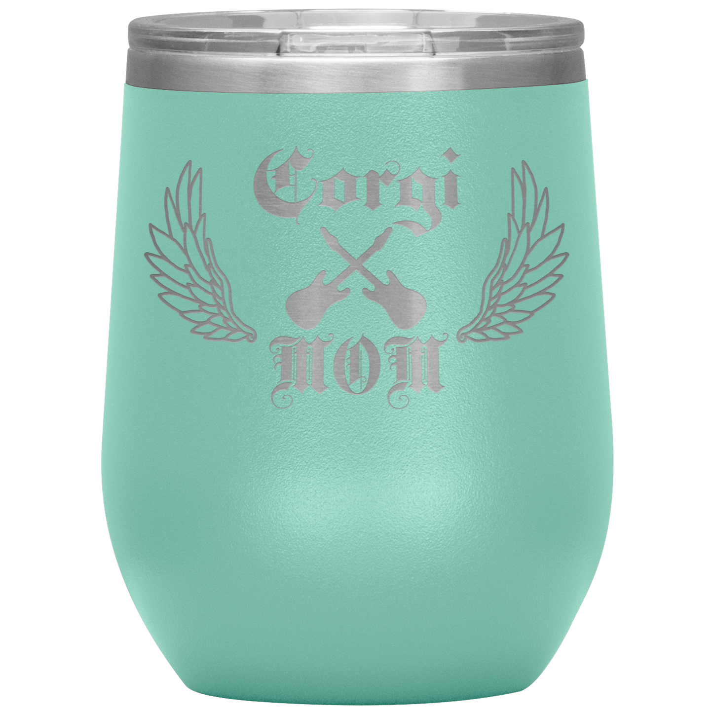 An insulated tumbler with the text "Corgi Mom" in a gothic style font with guitars and wings. The tumbler is light green.