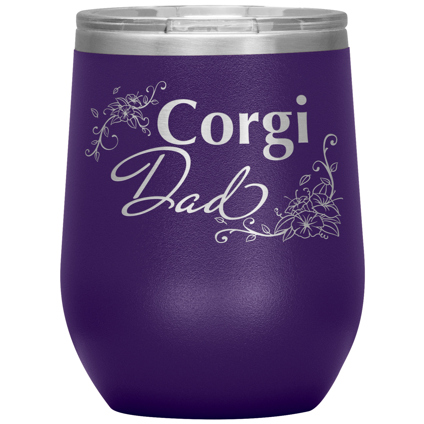 A purple 12oz tumbler with the text "Corgi Dad" in a flowery font.