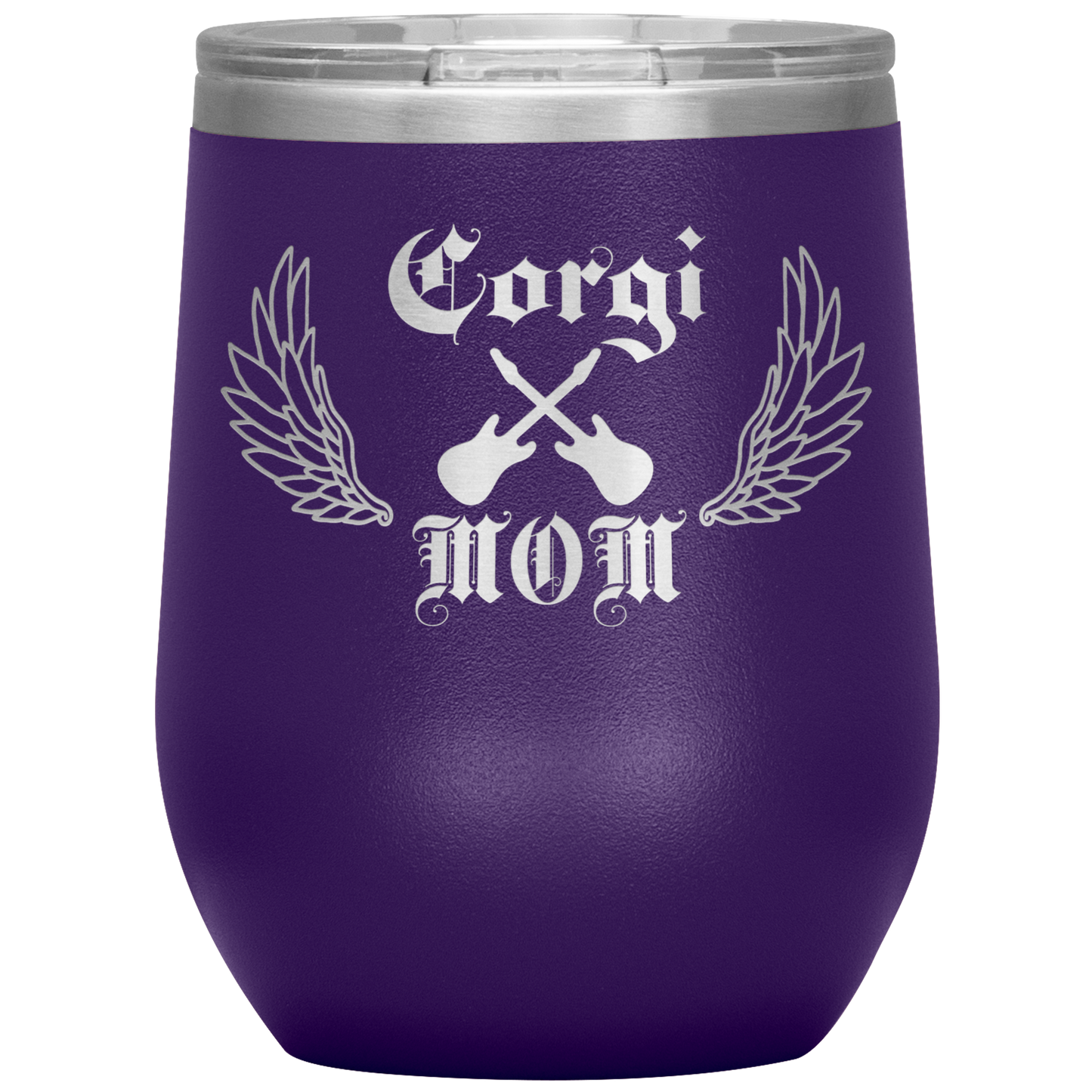 An insulated tumbler with the text "Corgi Mom" in a gothic style font with guitars and wings. The tumbler is purple.