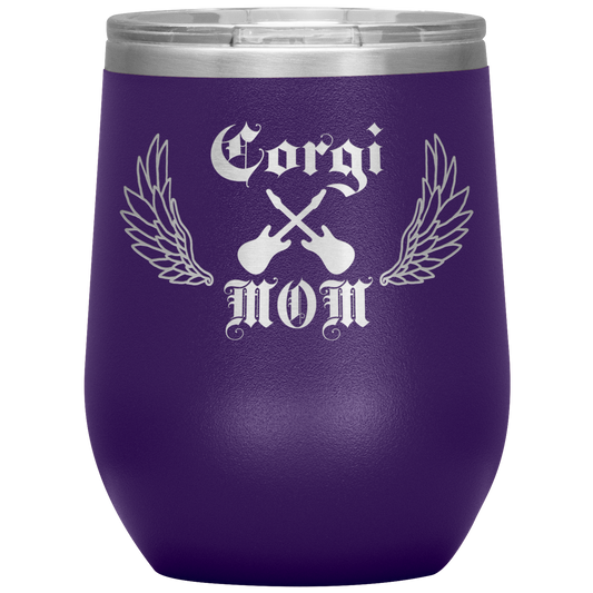 An insulated tumbler with the text "Corgi Mom" in a gothic style font with guitars and wings. The tumbler is purple.