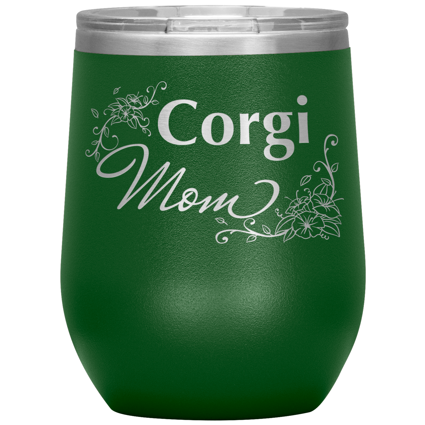 A green 12oz tumbler with the text "Corgi Mom" in a flowery font.