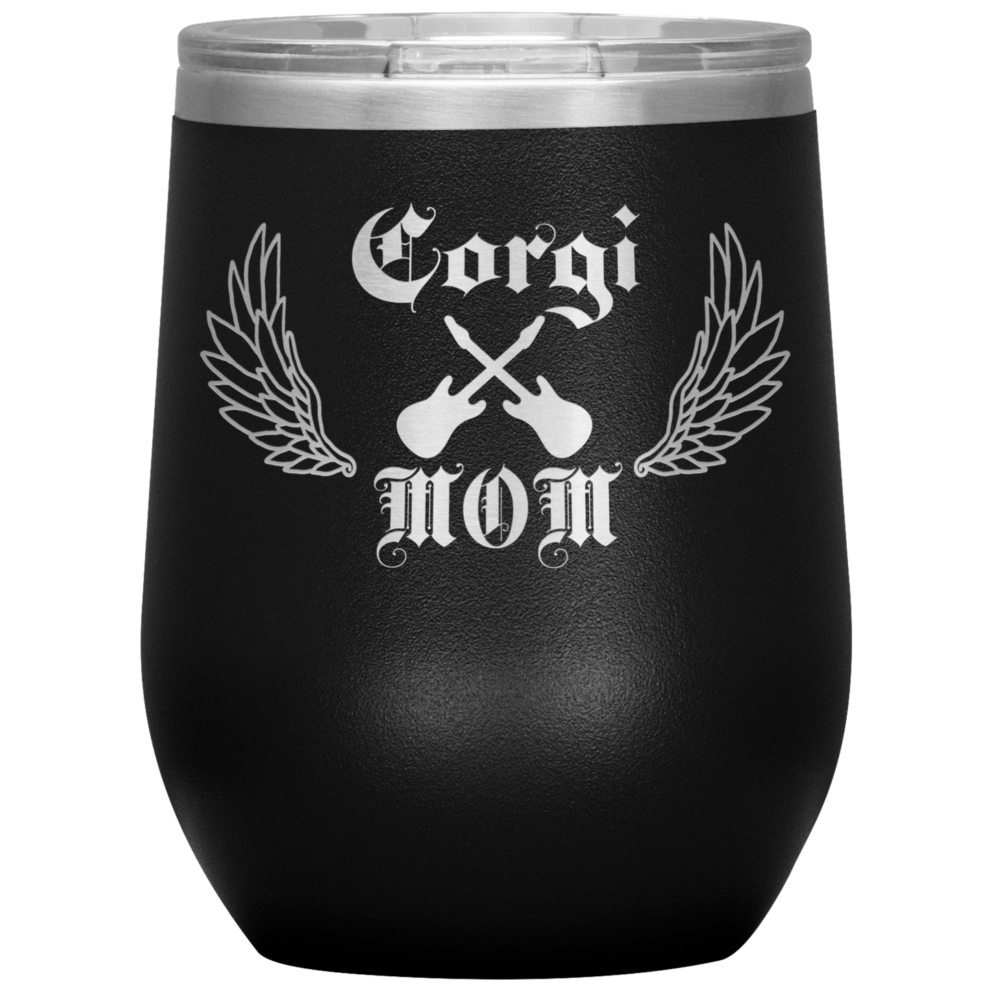 An insulated tumbler with the text "Corgi Mom" in a gothic style font with guitars and wings. The tumbler is black.