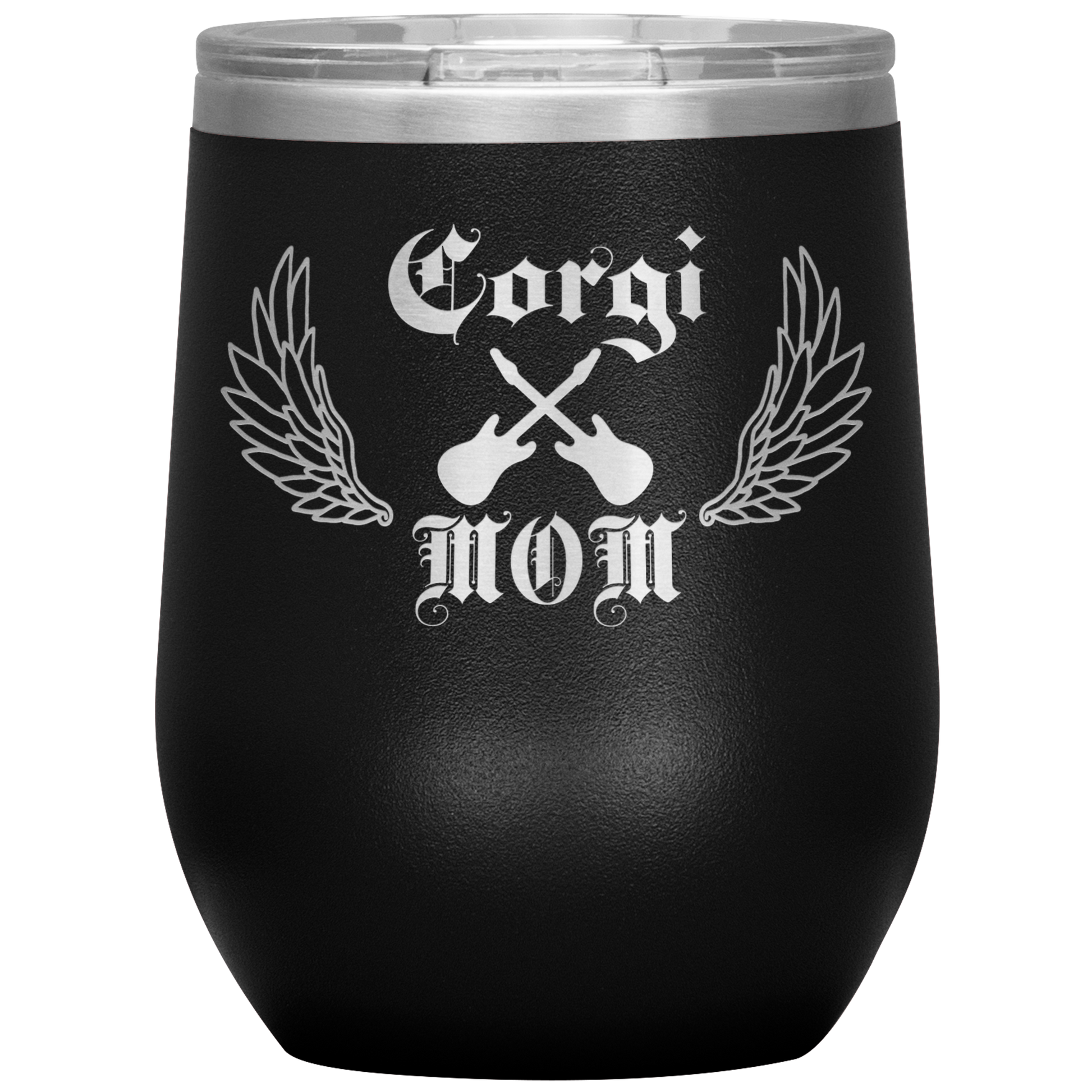 An insulated tumbler with the text "Corgi Mom" in a gothic style font with guitars and wings. The tumbler is black.