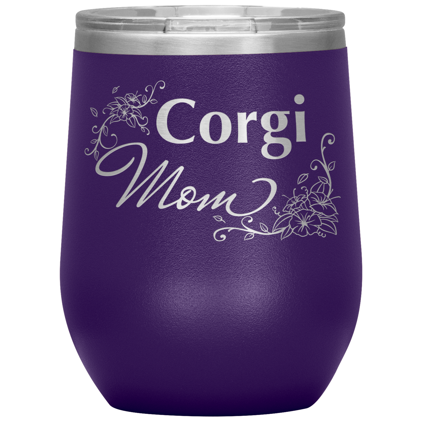 A purple 12oz tumbler with the text "Corgi Mom" in a flowery font.