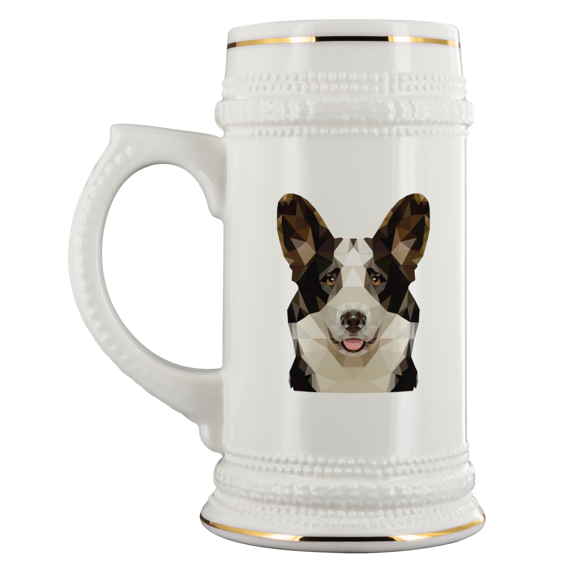 Beer stein with a polygonal cardigan corgi on it