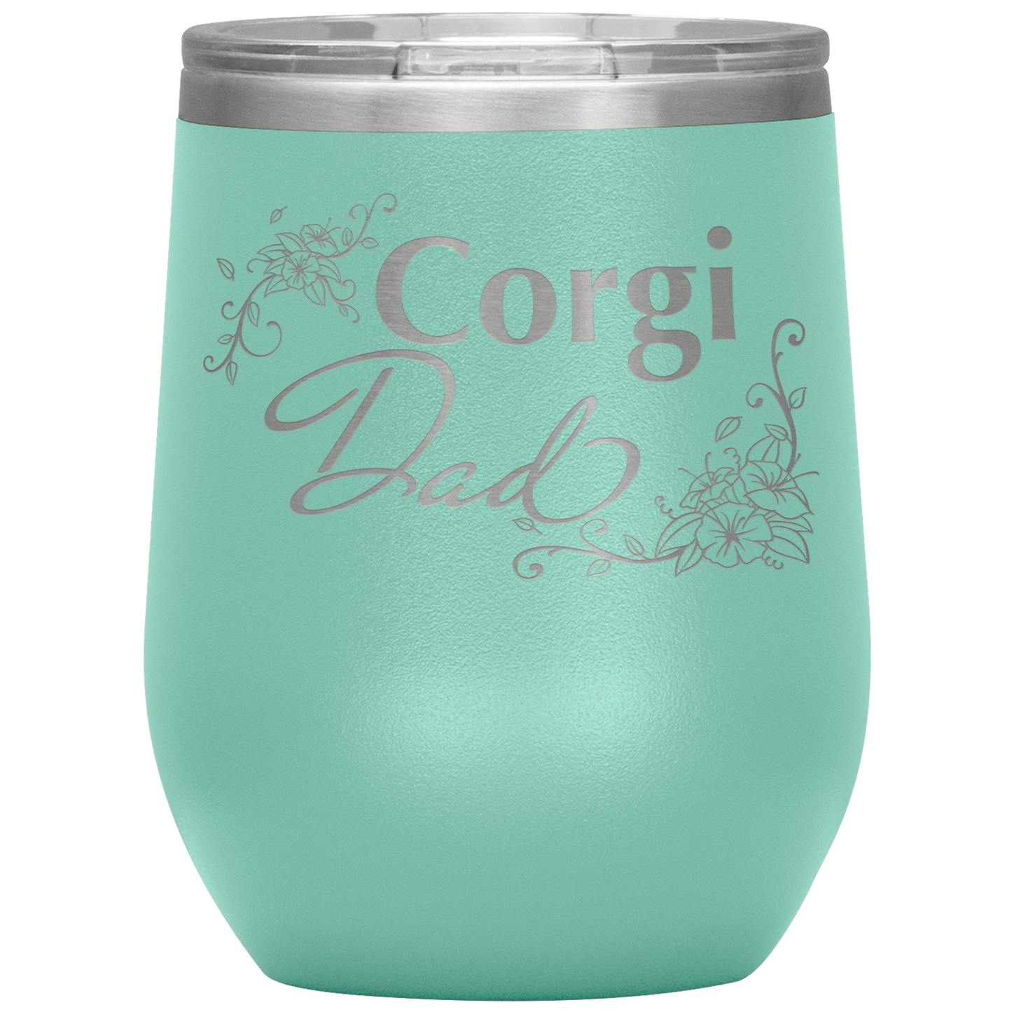 A teal 12oz tumbler with the text "Corgi Dad" in a flowery font.