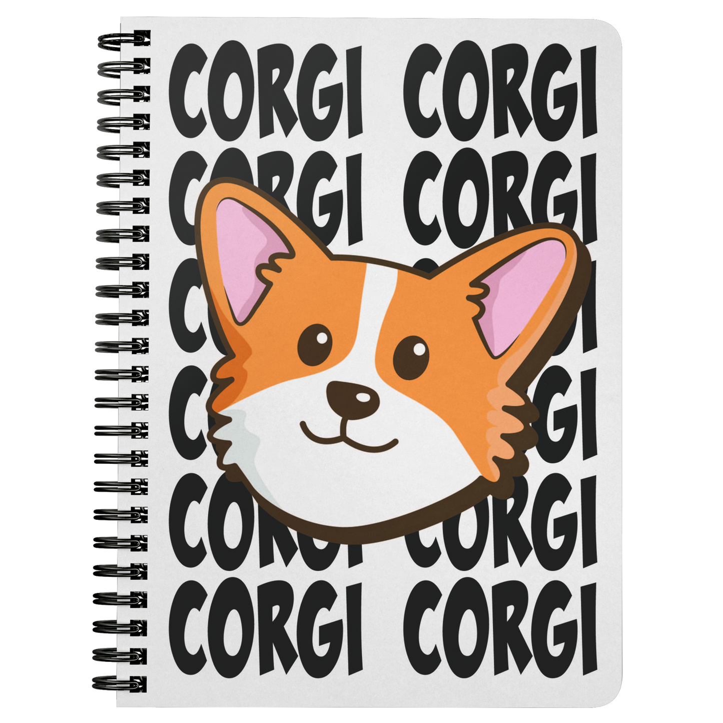 A journal with the face of a corgi with the background made of text saying "CORGI CORGI"