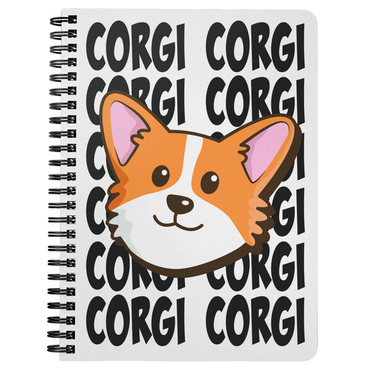 A journal with the face of a corgi with the background made of text saying "CORGI CORGI"