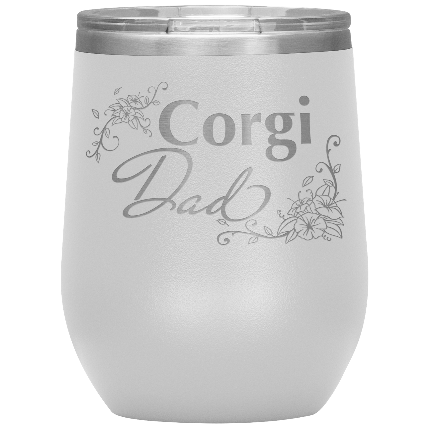 A white 12oz tumbler with the text "Corgi Dad" in a flowery font.