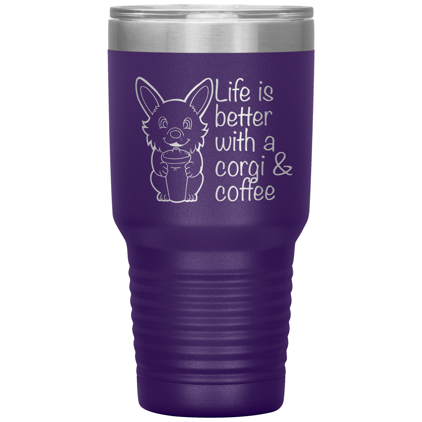 A travel coffee mug with a corgi holding a coffee mug. The text says "Life is better with a corgi and coffee". The travel mug is purple.