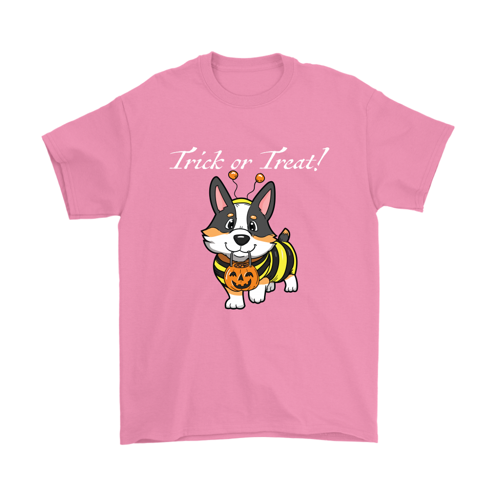 A t shirt with a tricolor corgi wearing a bumblebee costume. The text says "Trick or Treat" and the shirt is pink.