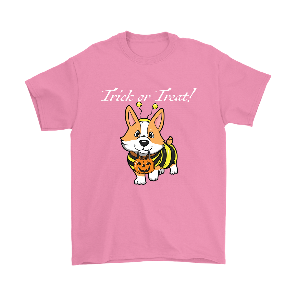 A shirt with a fawn corgi wearing a bumblebee costume with the text "Trick or Treat!". Shirt is pink.