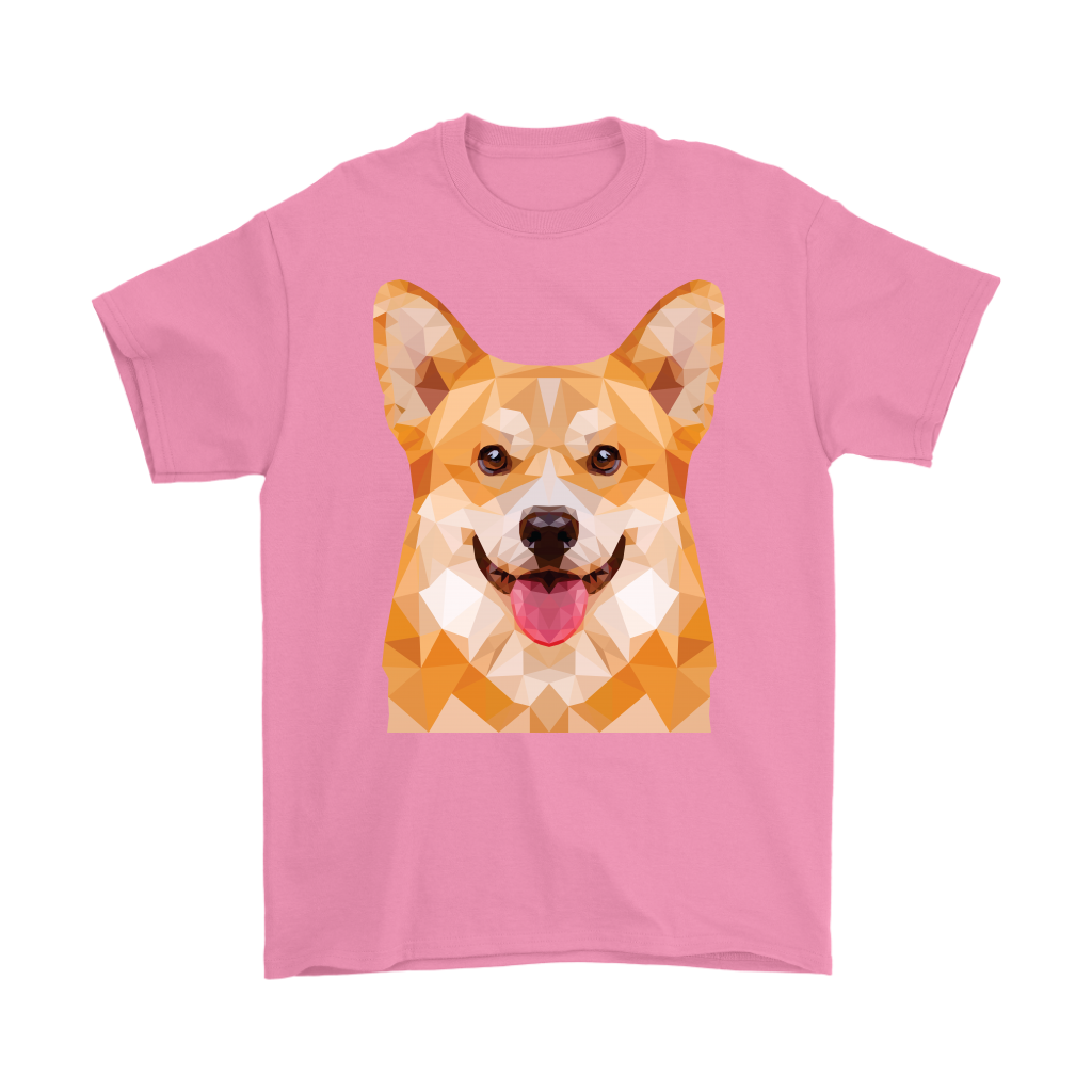 Polygonal fawn corgi face shirt, in azalea.