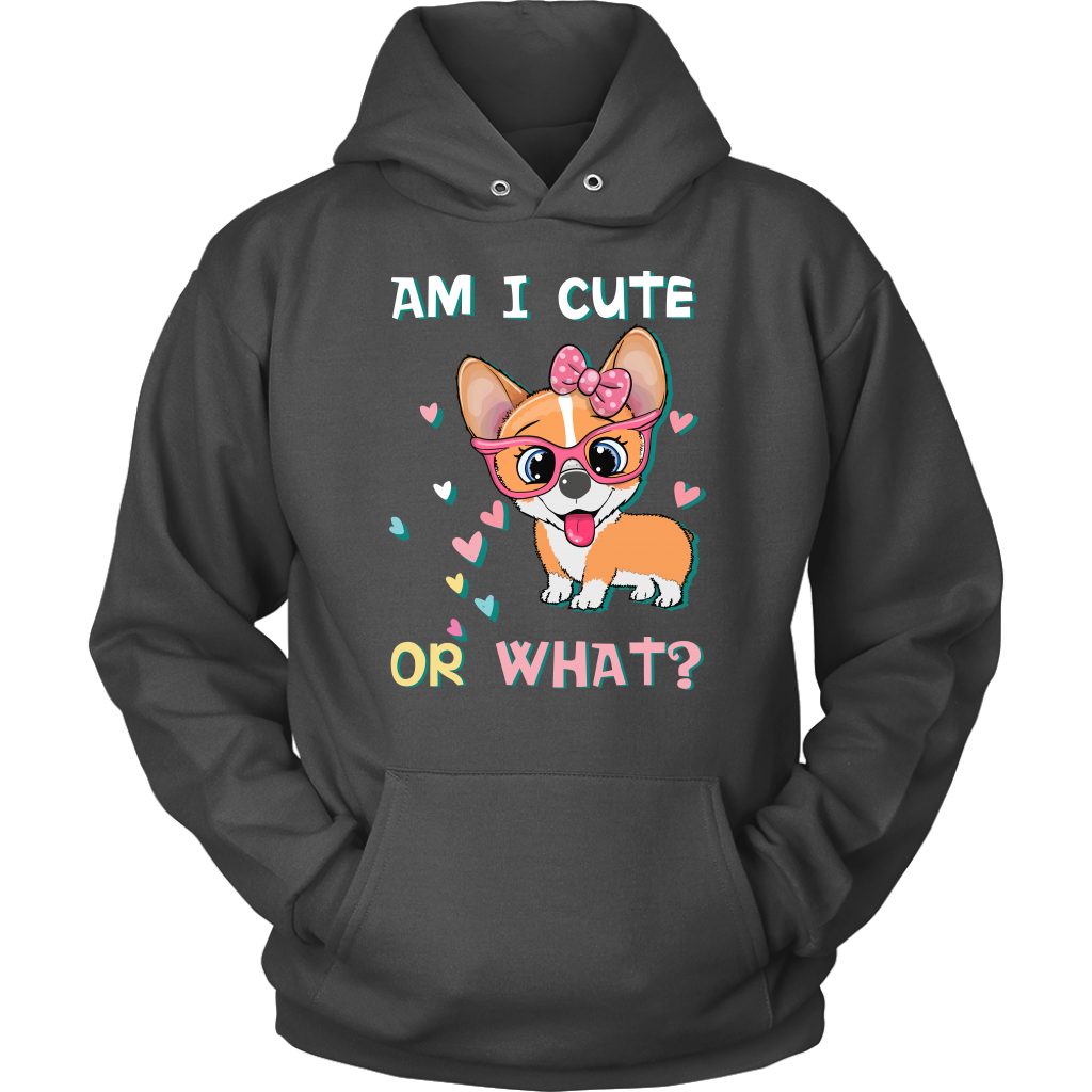 A hoodie with the text "Am I cute or What?" with a picture of an adorable, smiling corgi. The hoodie is charcoal colored.