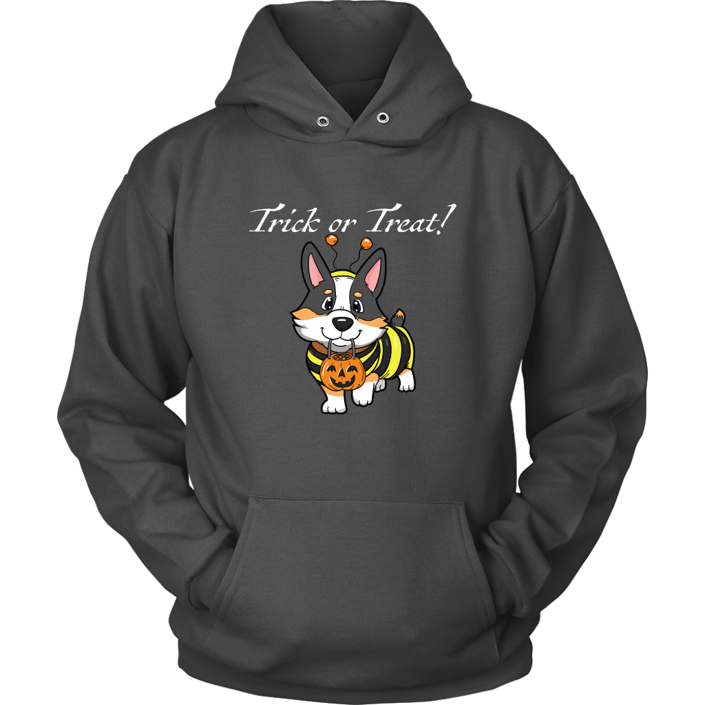 The design is a tricolor corgi wearing a bumblebee costume with the text "Trick or Treat". The hoodie is dark grey.