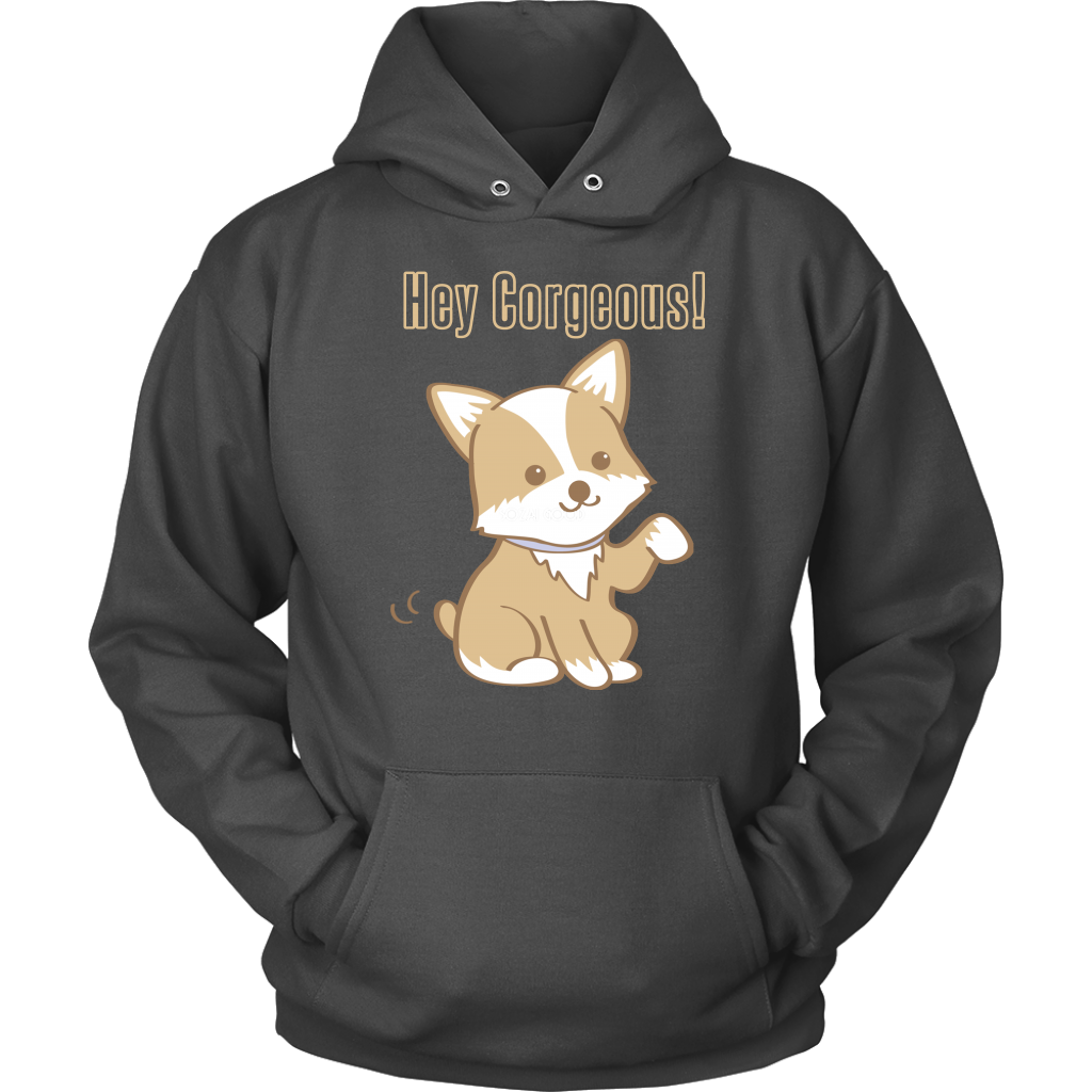 A hoodie with the text "Hey Corgeous!" and a waiving corgi. The hoodie is charcoal colored. 