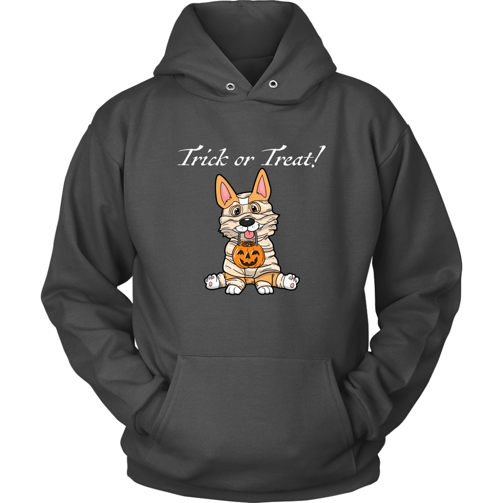 A image of a fawn corgi dressed up as a mummy with the text "trick or treat". The hoodie is grey.