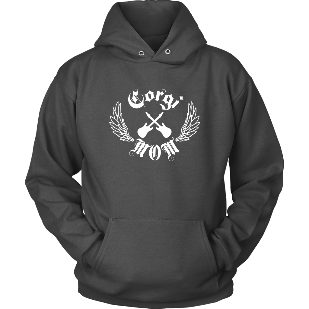 The image if of a hoodie. The text on the hoodie says "Corgi Mom" in old english font. There are also crossed electric guitars and line-art wings. The hoodie is dark grey. 