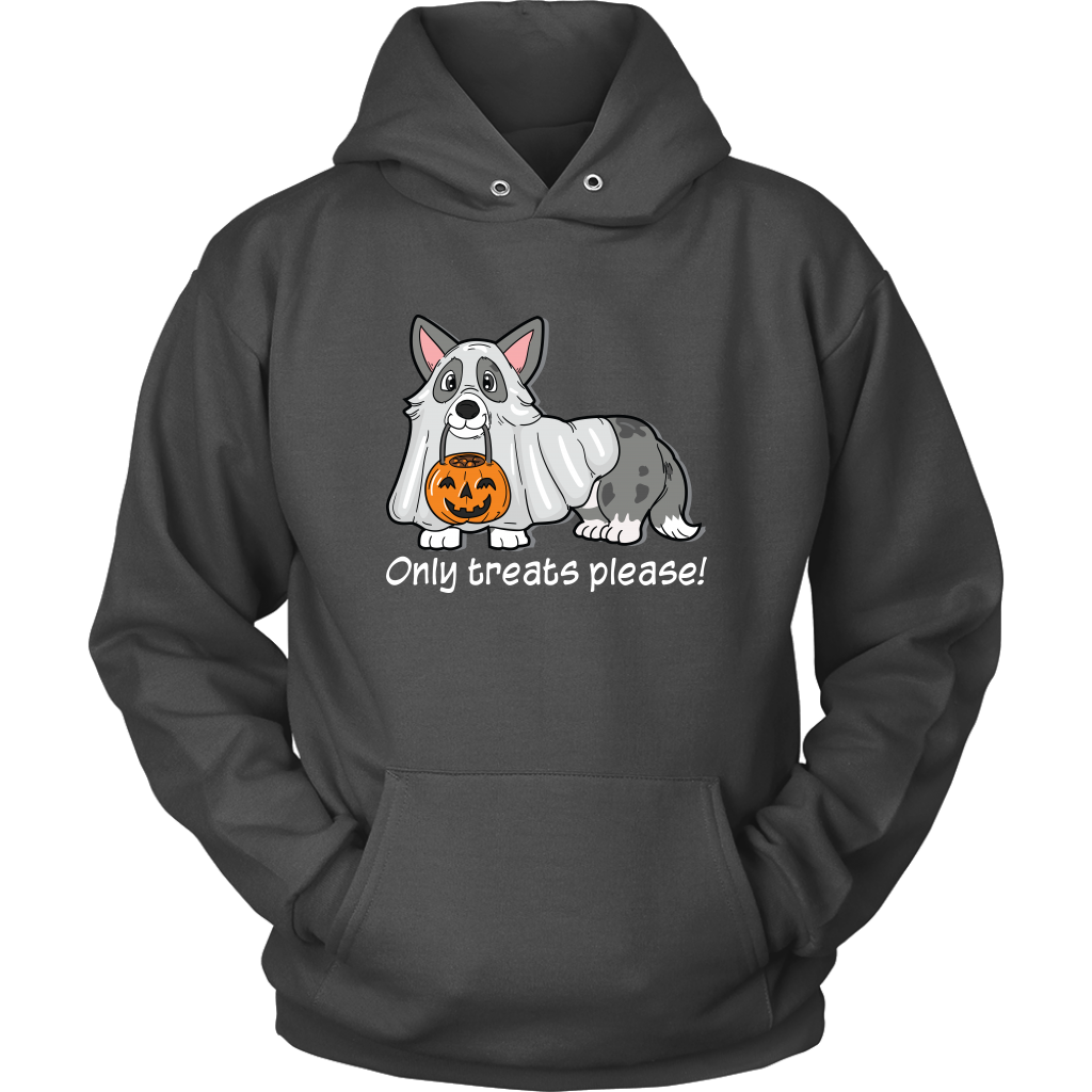 A dark grey hoodie with a cardigan corgi in a ghost costume, with the text "Only tricks please!" 