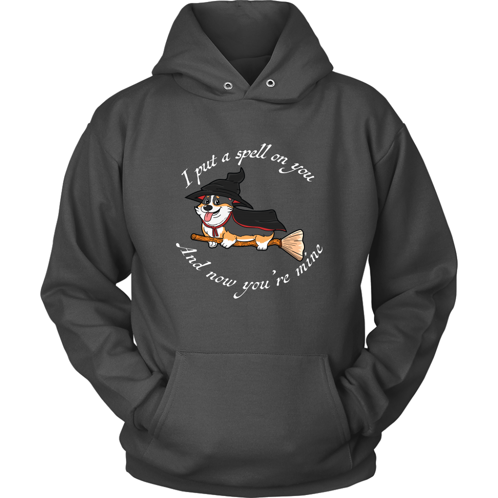 A hoodie with a corgi dressed as a witch with the text "I put a spell on you and now you're mine". The hoodie is charcoal colored. 