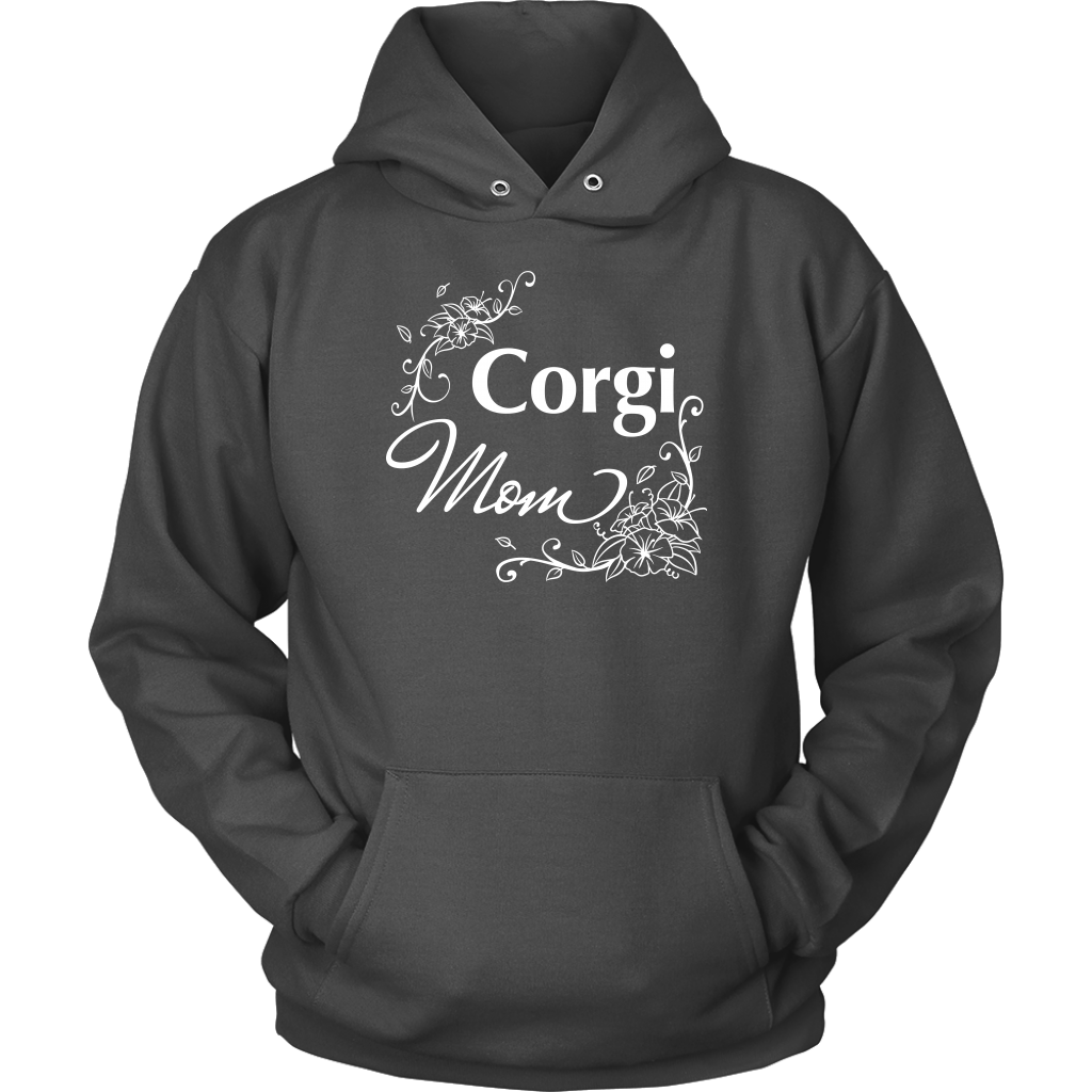 A hoodie with the text "Corgi Mom" and flower line designs. The hoodie is charcoal colored. 