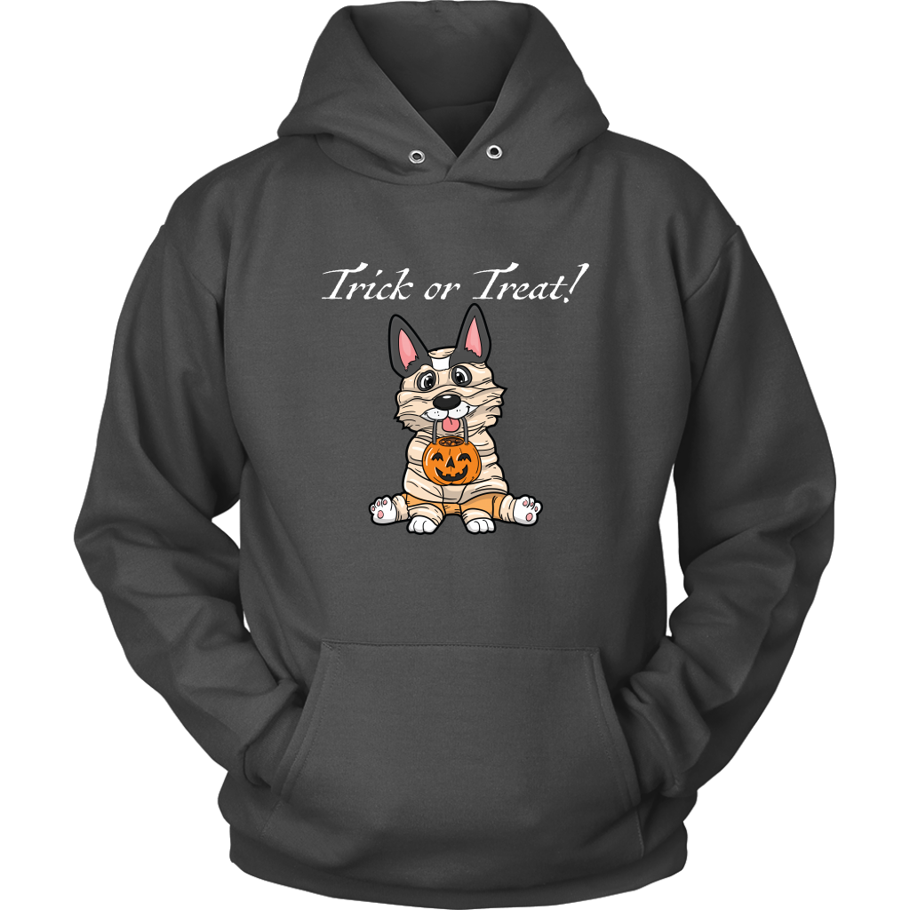 A hoodie with a tricolor corgi wearing a mummy costume. The text says "Trick or Treat" and the hoodie is charcoal colored.