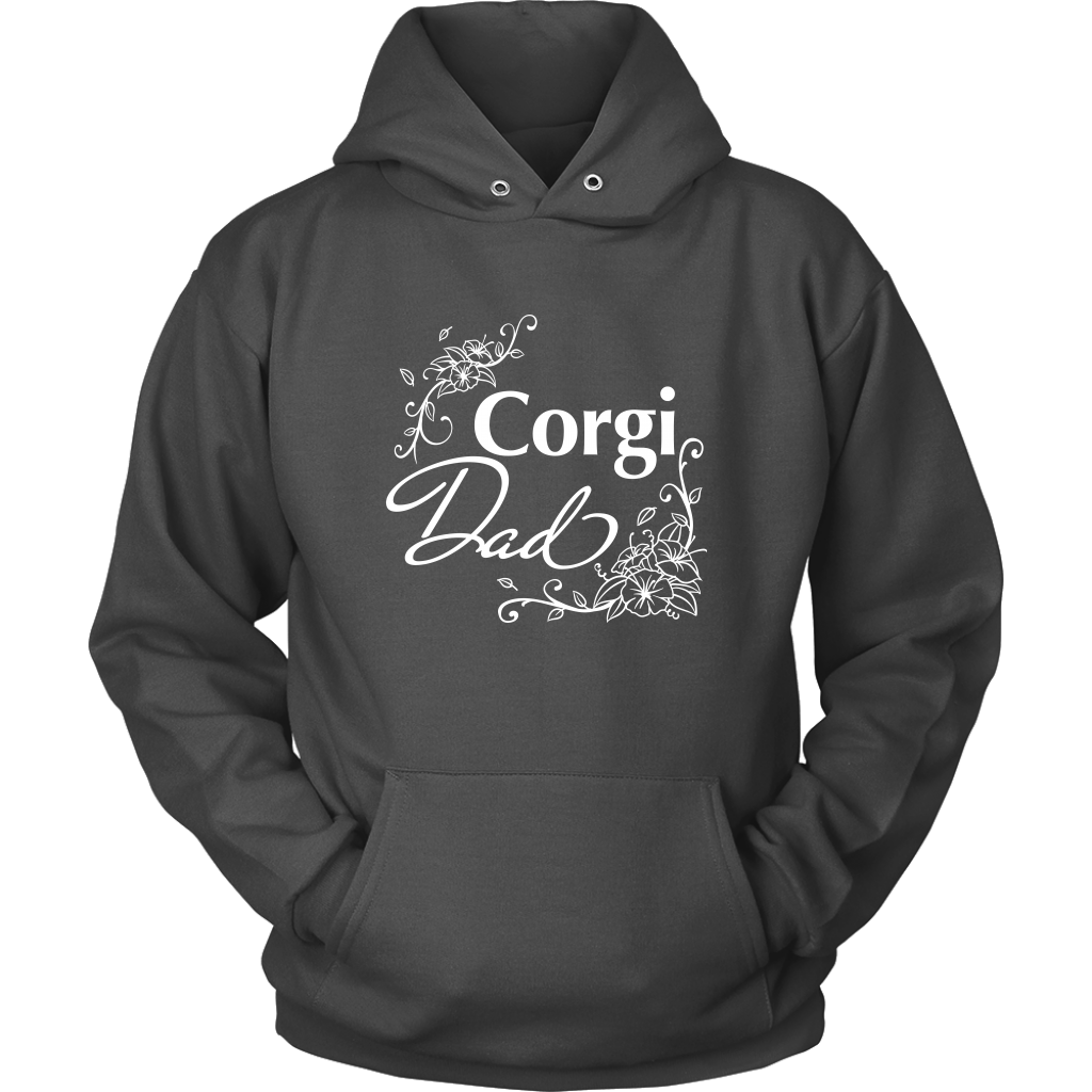 A hoodie with the text "Corgi Dad" and flower line designs. The hoodie is charcoal colored.