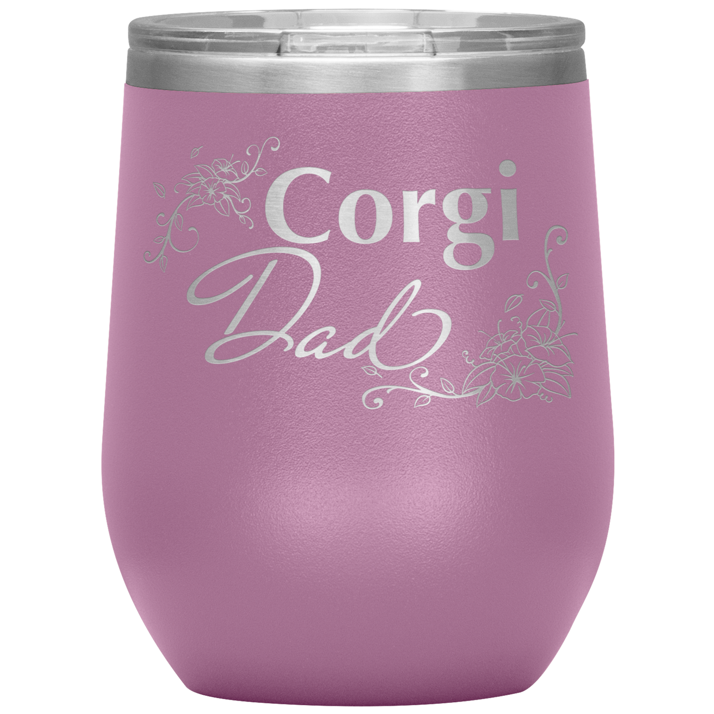 A light purple 12oz tumbler with the text "Corgi Dad" in a flowery font.