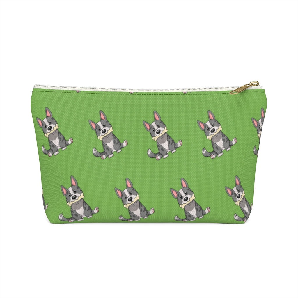 Green make up bag with a pattern of a cardigan corgi holding a bone in its mouth